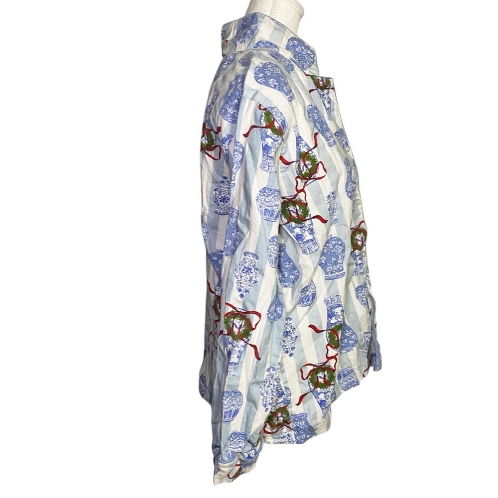 8 Oak Lane Blue and White Cotton Button Down Pajama Top - Picture 3 of 13